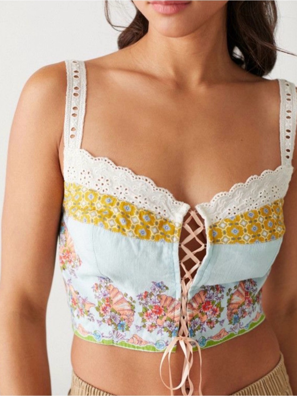 Urban Outfitters Ophelia Corset Top Small Floral Tie Front Lace Bohemian Shells